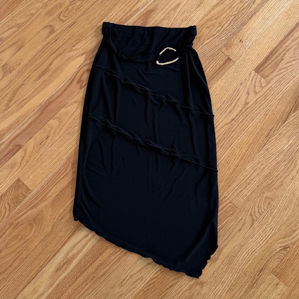 Asymmetrical hem black midi skirt with gold belt detailing